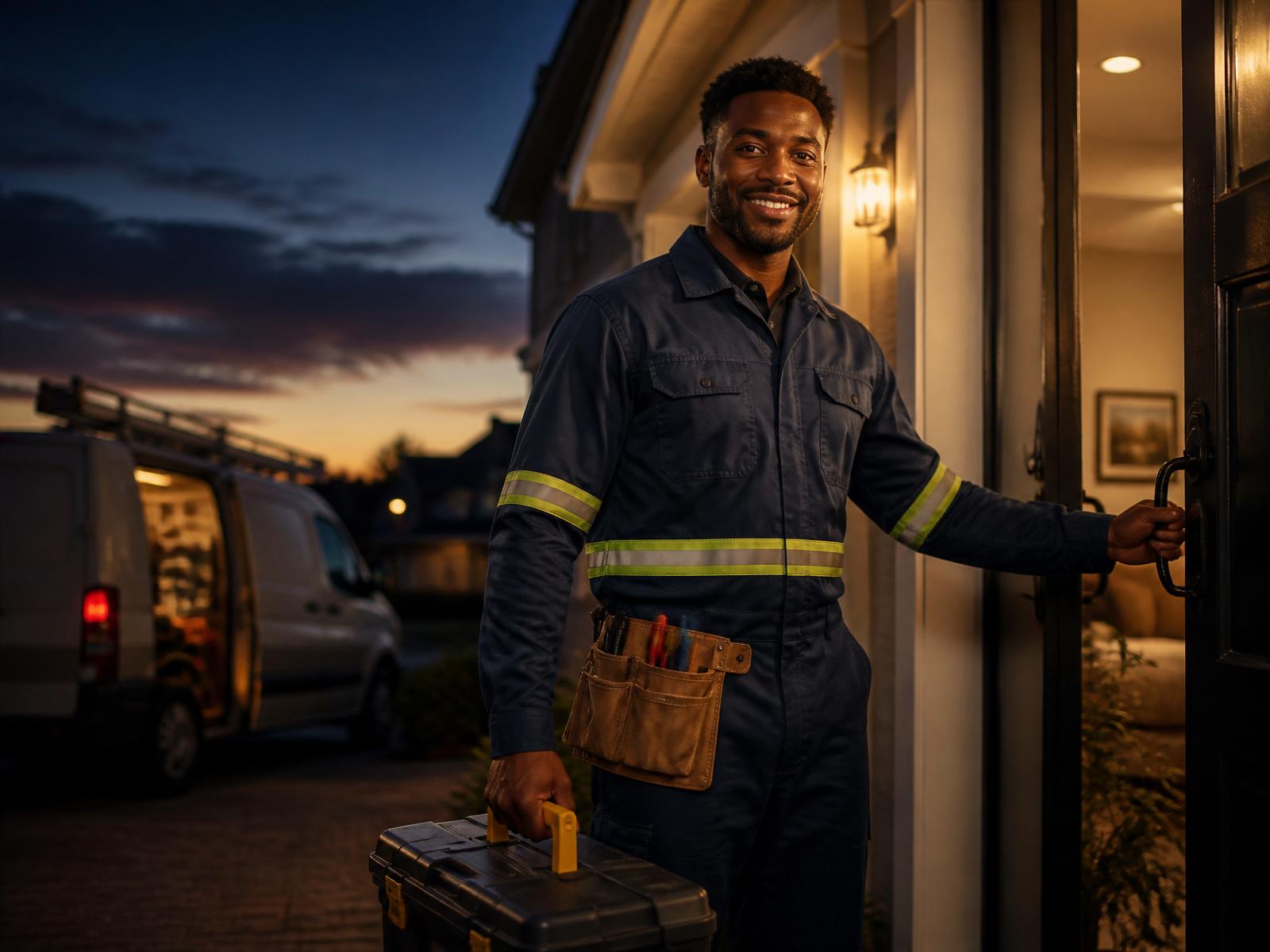FIX IT artisan arriving at a home at dusk with a toolbox